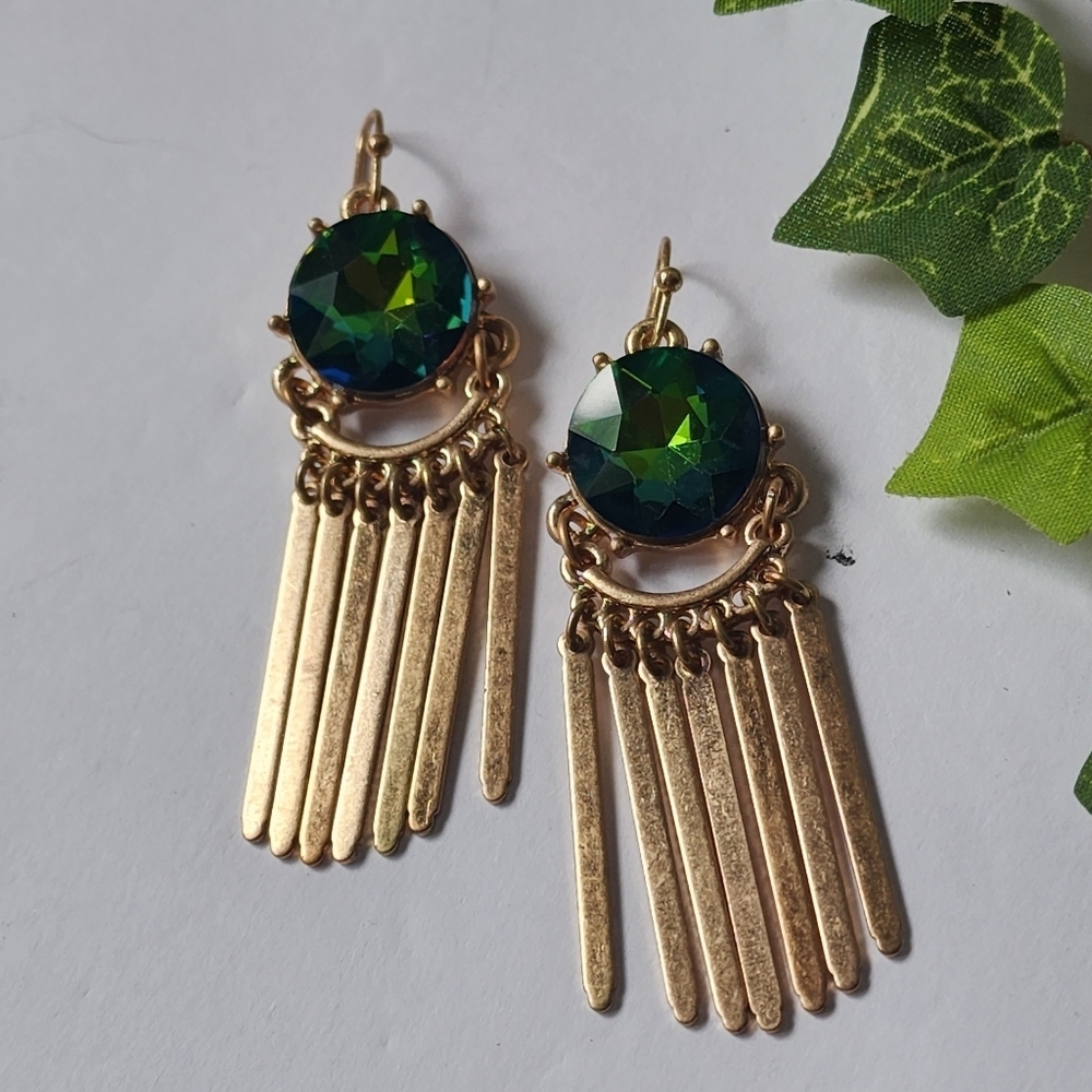 Statement Gold Fringe Earrings with Green Iridescent Crystal